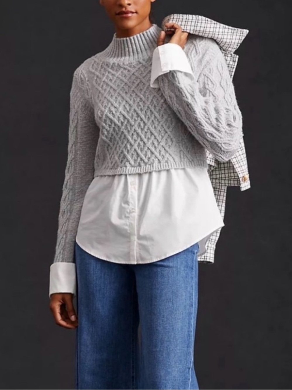 Anthropologie Maeve Women's Cable-Knit Layered Sweater Medium Mixed Media Twofer